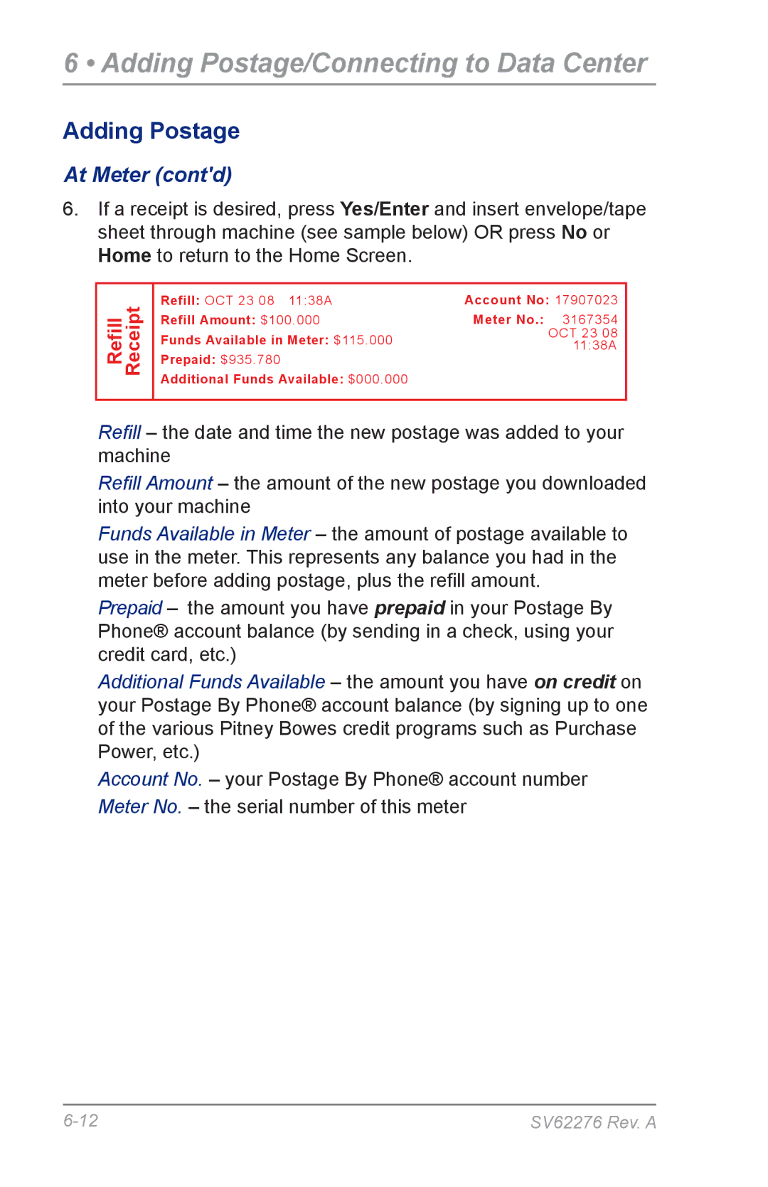 Pitney Bowes DM125 manual At Meter contd, Refill 