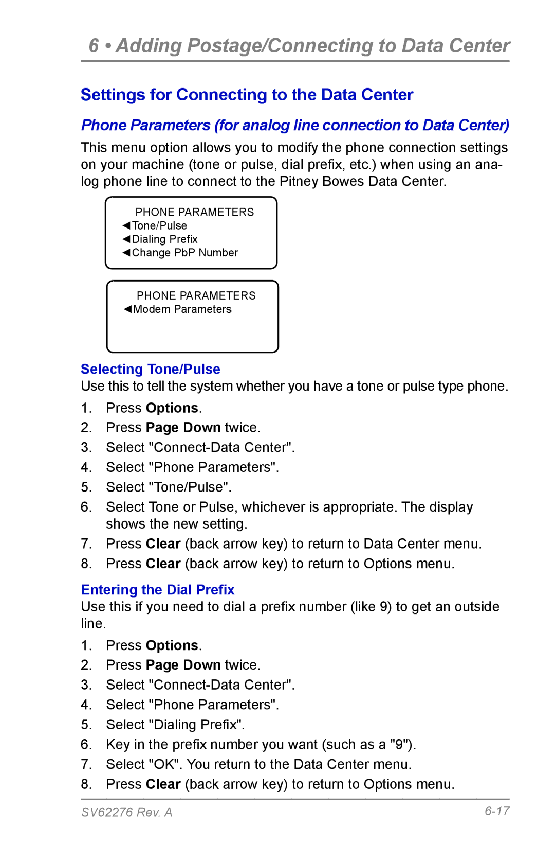 Pitney Bowes DM125 manual Phone Parameters for analog line connection to Data Center, Selecting Tone/Pulse 