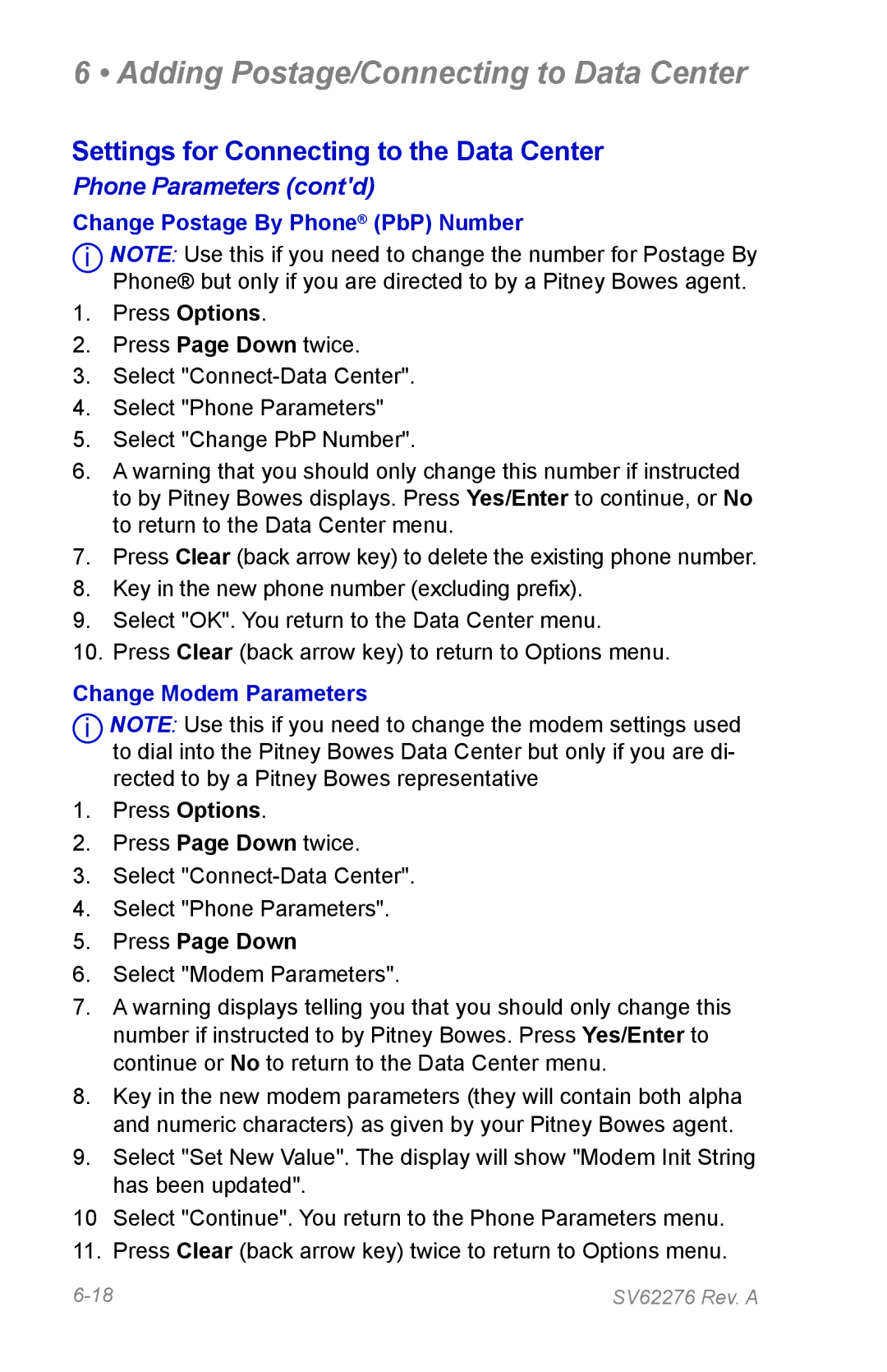 Pitney Bowes DM125 manual Phone Parameters contd, Change Postage By Phone PbP Number 