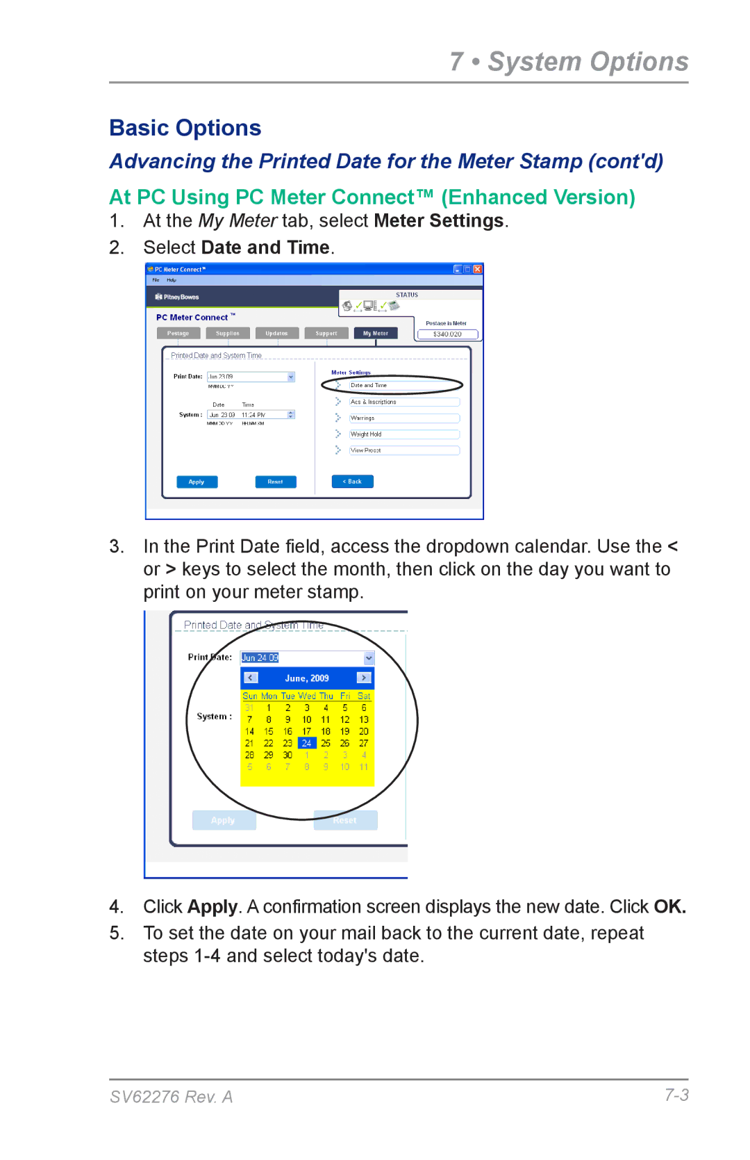 Pitney Bowes DM125 Advancing the Printed Date for the Meter Stamp contd, At PC Using PC Meter Connect Enhanced Version 