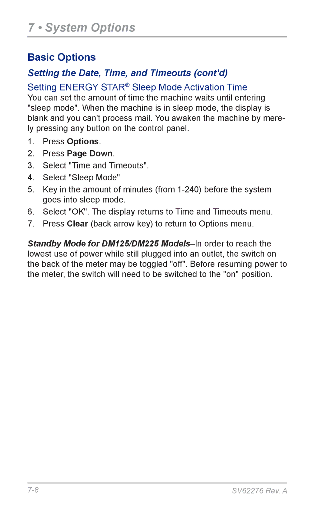 Pitney Bowes DM125 manual Setting the Date, Time, and Timeouts contd, Setting Energy Star Sleep Mode Activation Time 