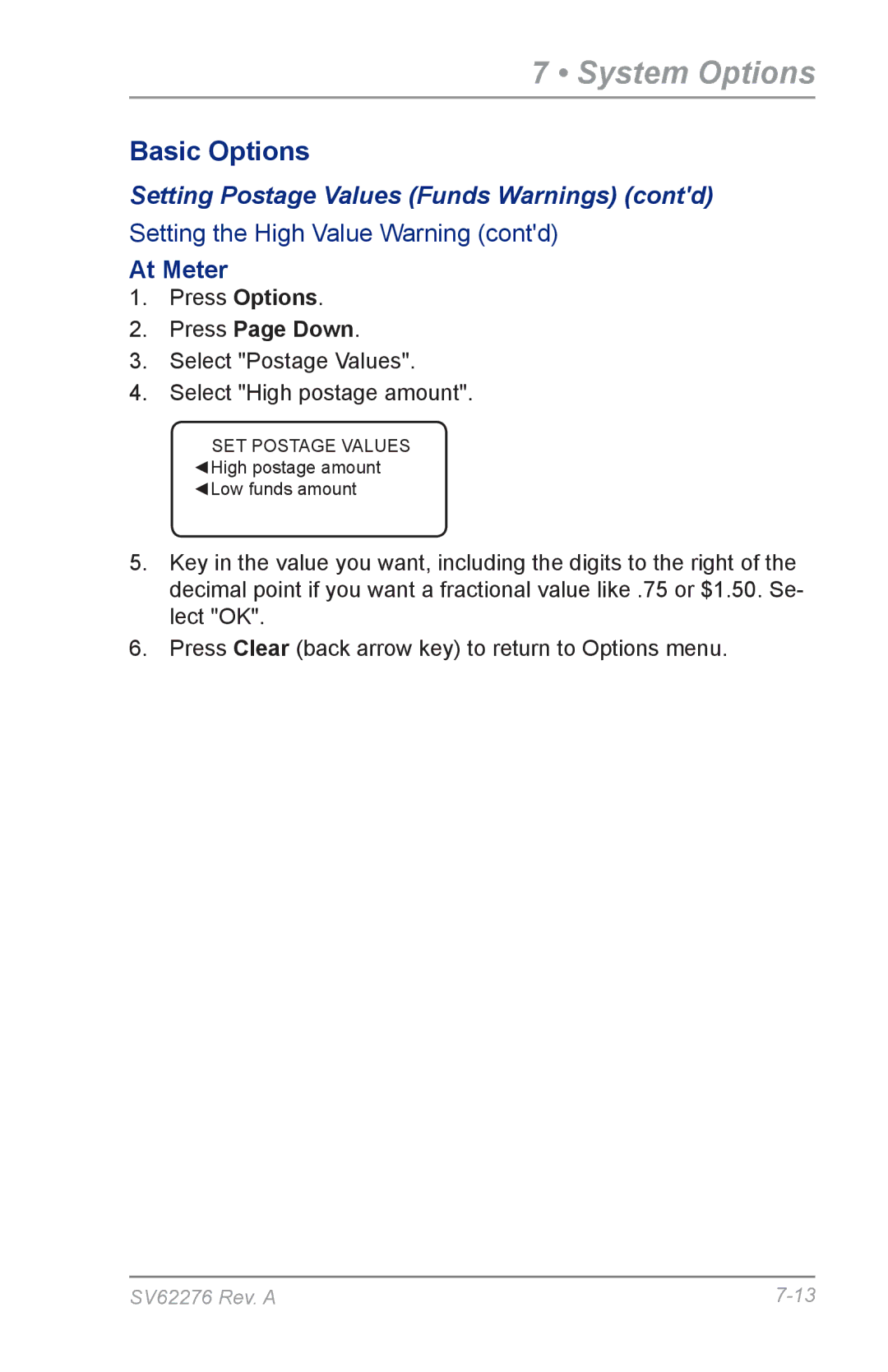 Pitney Bowes DM125 manual Setting Postage Values Funds Warnings contd 