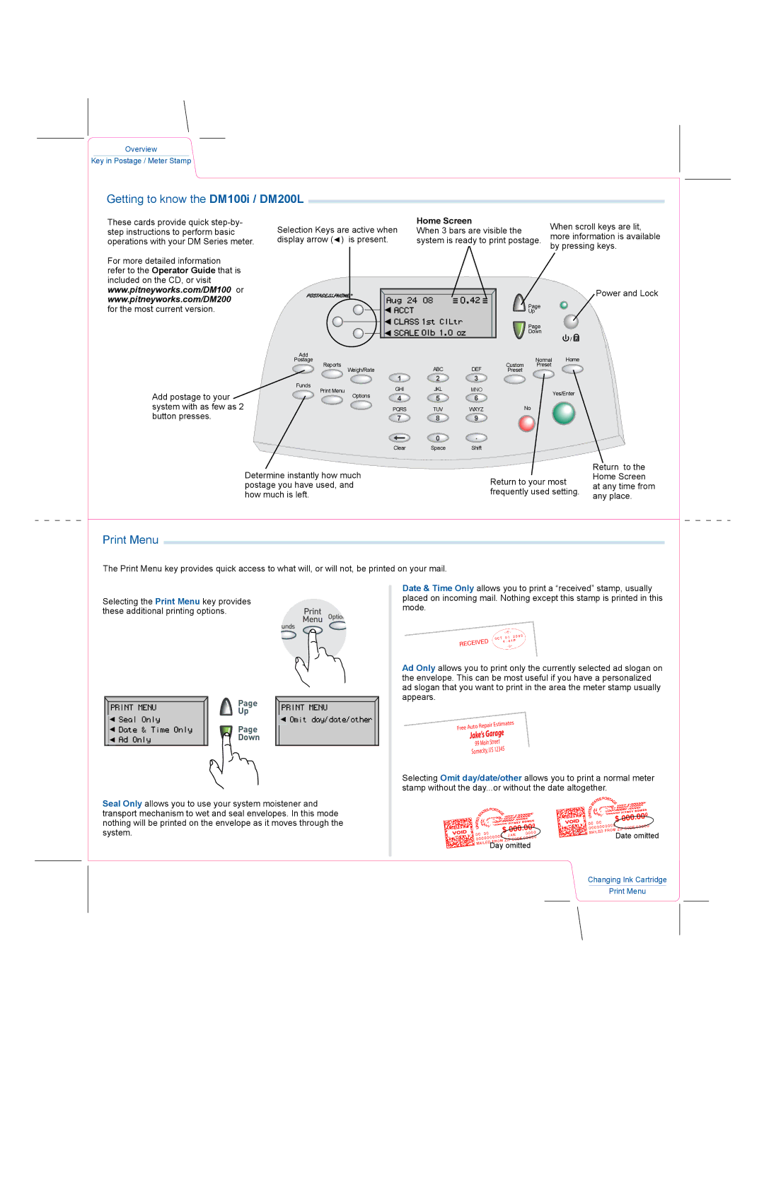 Pitney Bowes manual Getting to know the DM100i / DM200L, Print Menu 