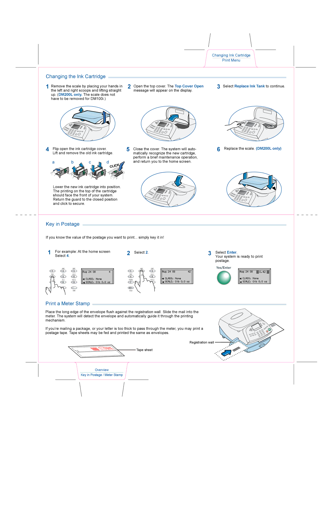 Pitney Bowes DM100i, DM200L Changing the Ink Cartridge, Key in Postage, Print a Meter Stamp, Return you to the home screen 