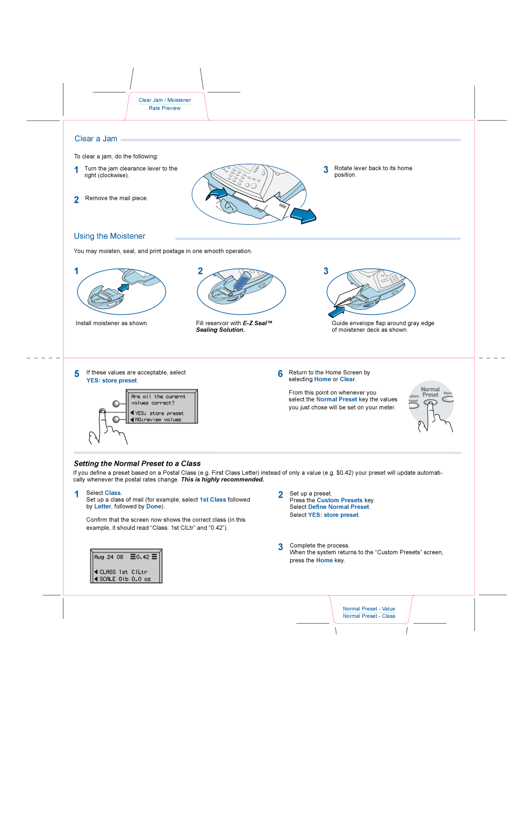 Pitney Bowes DM200L, DM100i manual Clear a Jam, Using the Moistener, Setting the Normal Preset to a Class 