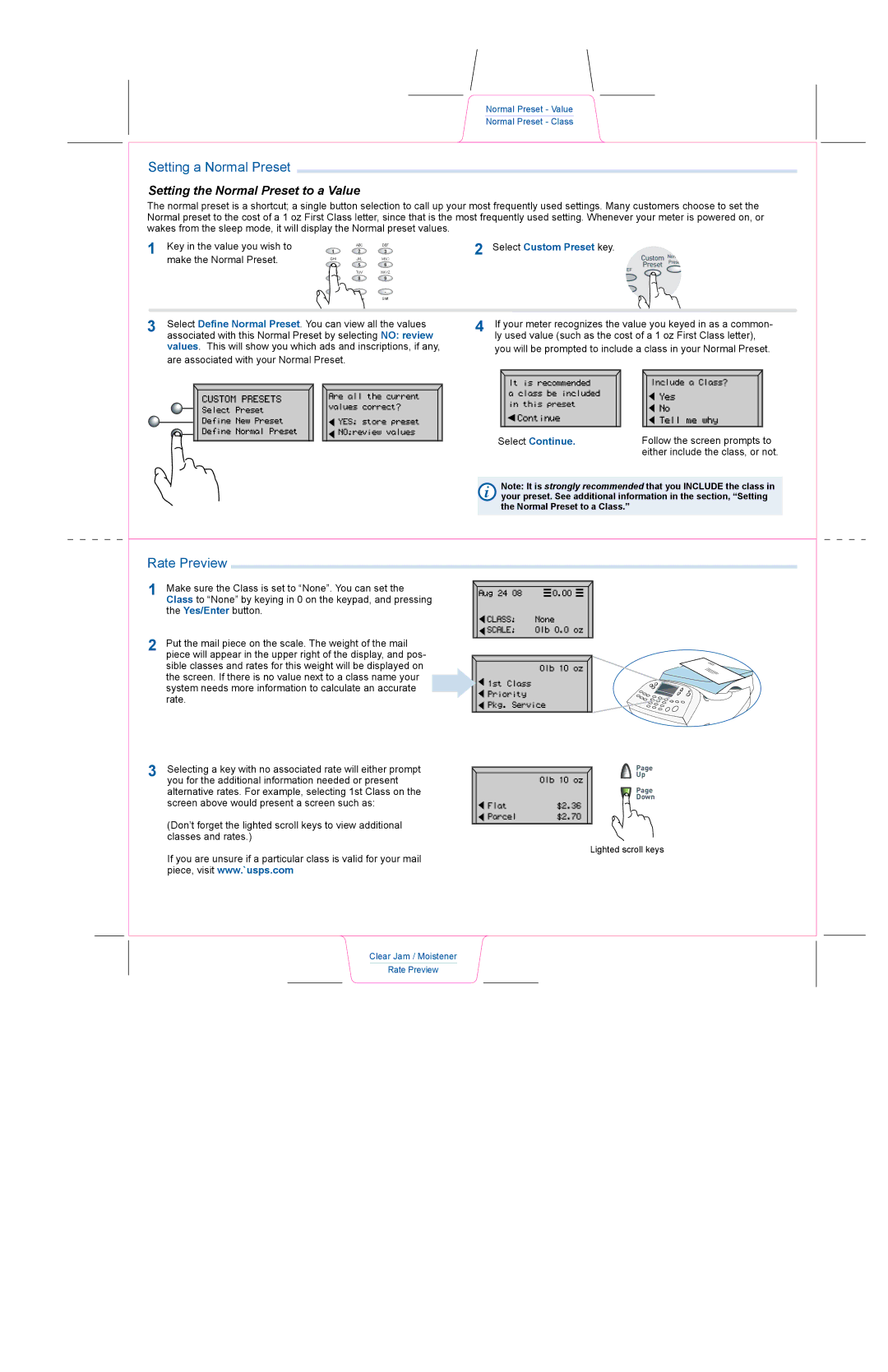 Pitney Bowes DM100i Setting a Normal Preset, Rate Preview, Setting the Normal Preset to a Value, Select Custom Preset key 