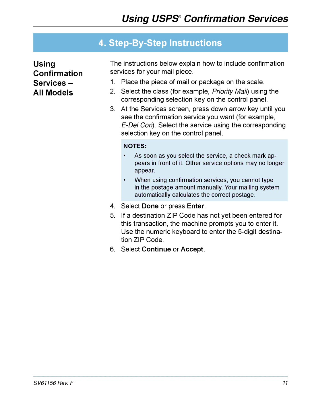 Pitney Bowes DP475, DM225 Step-By-Step Instructions, Using Confirmation Services All Models, Select Continue or Accept 