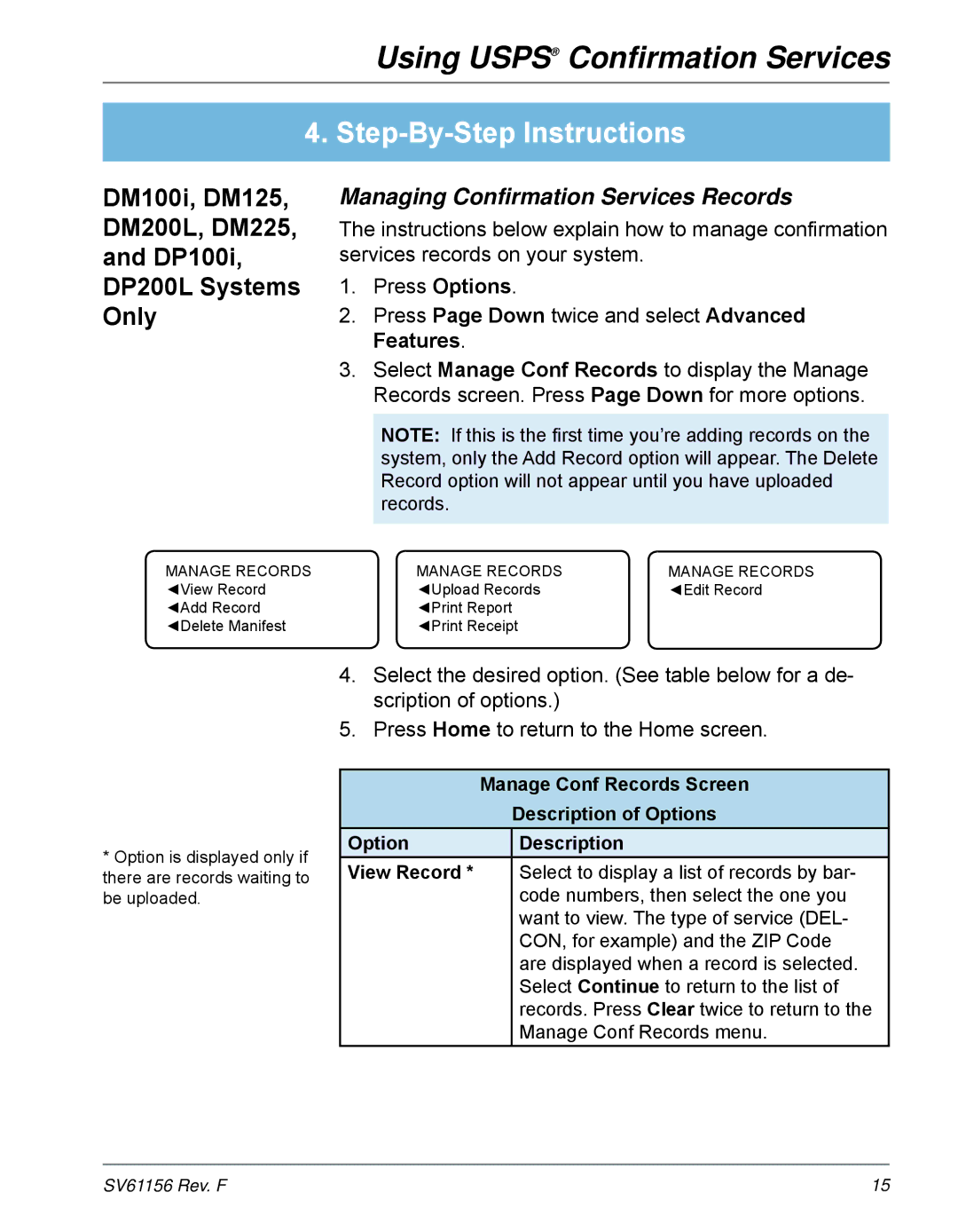 Pitney Bowes DM400C, DM300C DM100i, DM125 DM200L, DM225 DP100i DP200L Systems Only, Managing Confirmation Services Records 