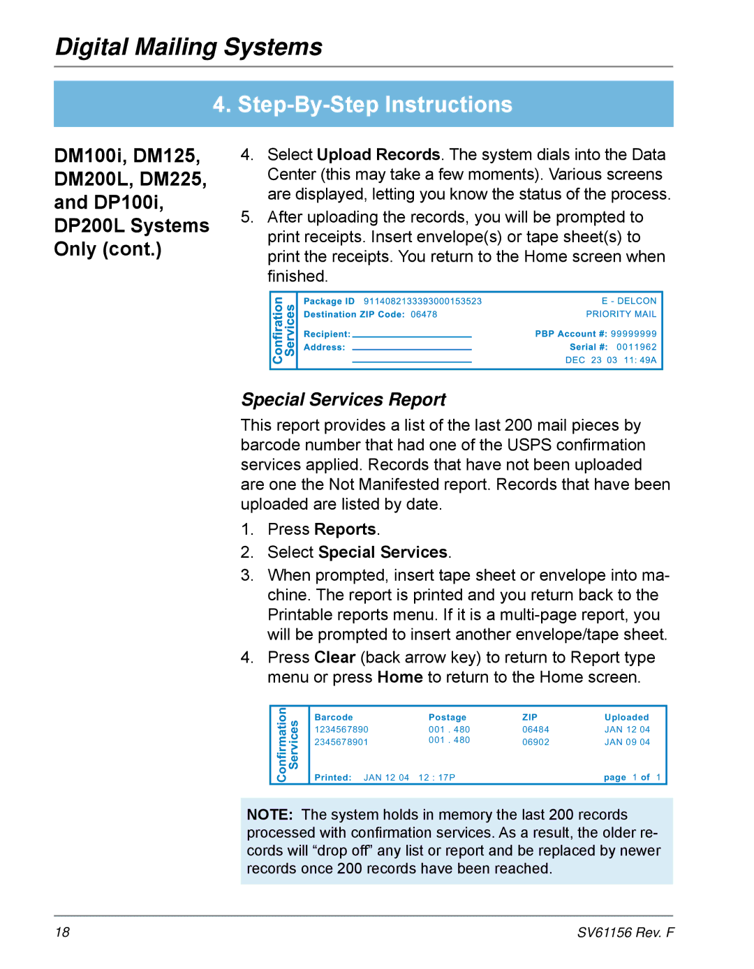 Pitney Bowes DP450C, DM225, DM300C, DM200L, DM400C, DM100i, DM125, DM475, DP400C Special Services Report, Select Special Services 