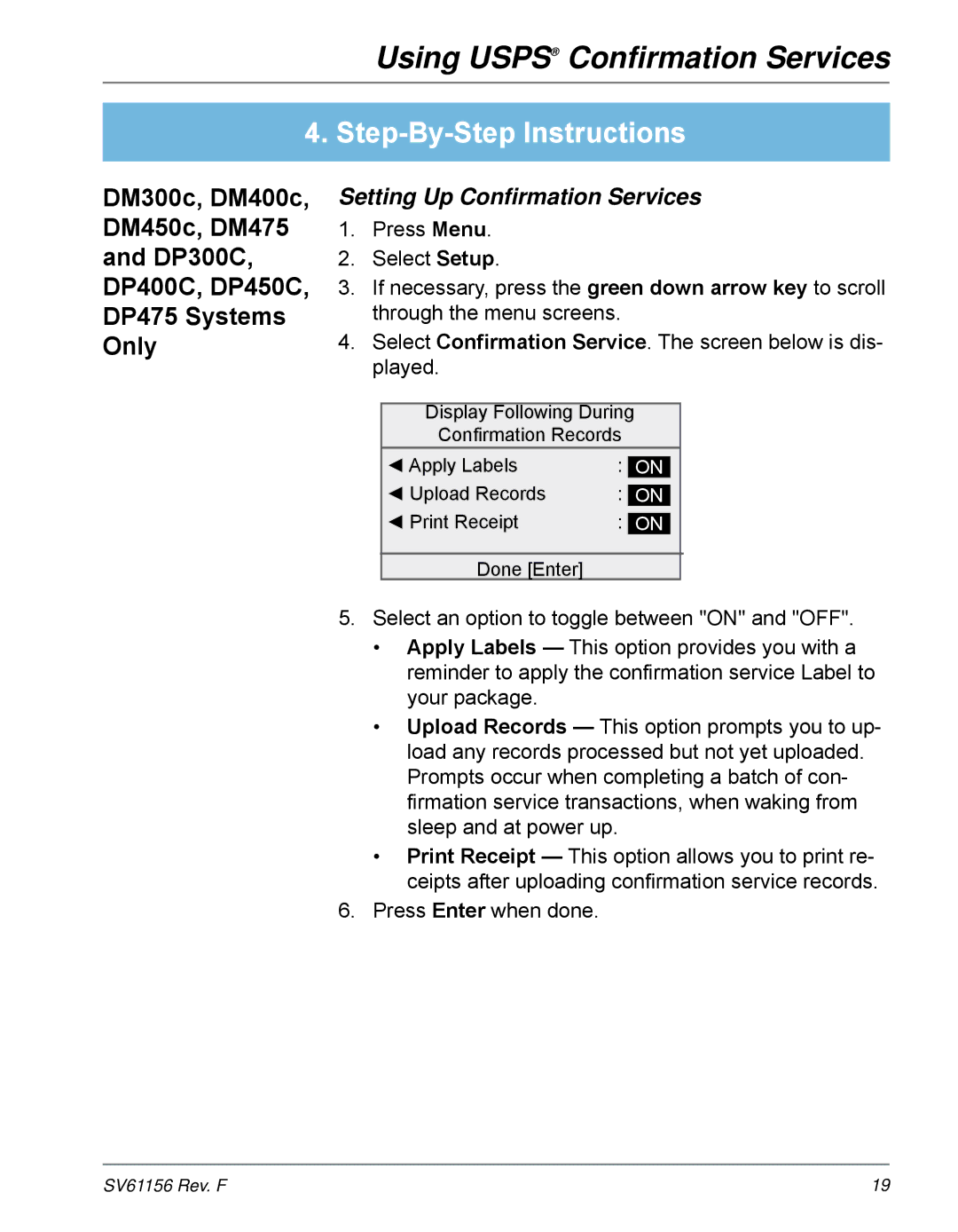 Pitney Bowes DM475, DM225, DM300C, DM200L, DM400C, DM100i, DM125, DP450C, DP400C, DP100i, DP200L Setting Up Confirmation Services 