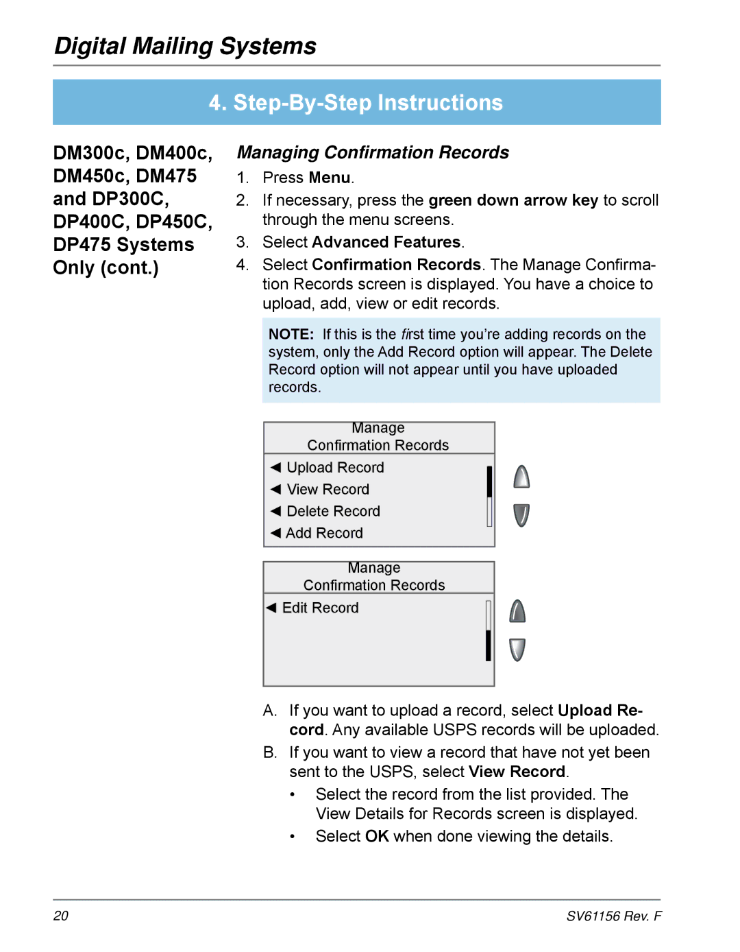 Pitney Bowes DP400C, DM225, DM300C, DM200L, DM400C, DM100i, DM125, DM475 Managing Confirmation Records, Select Advanced Features 