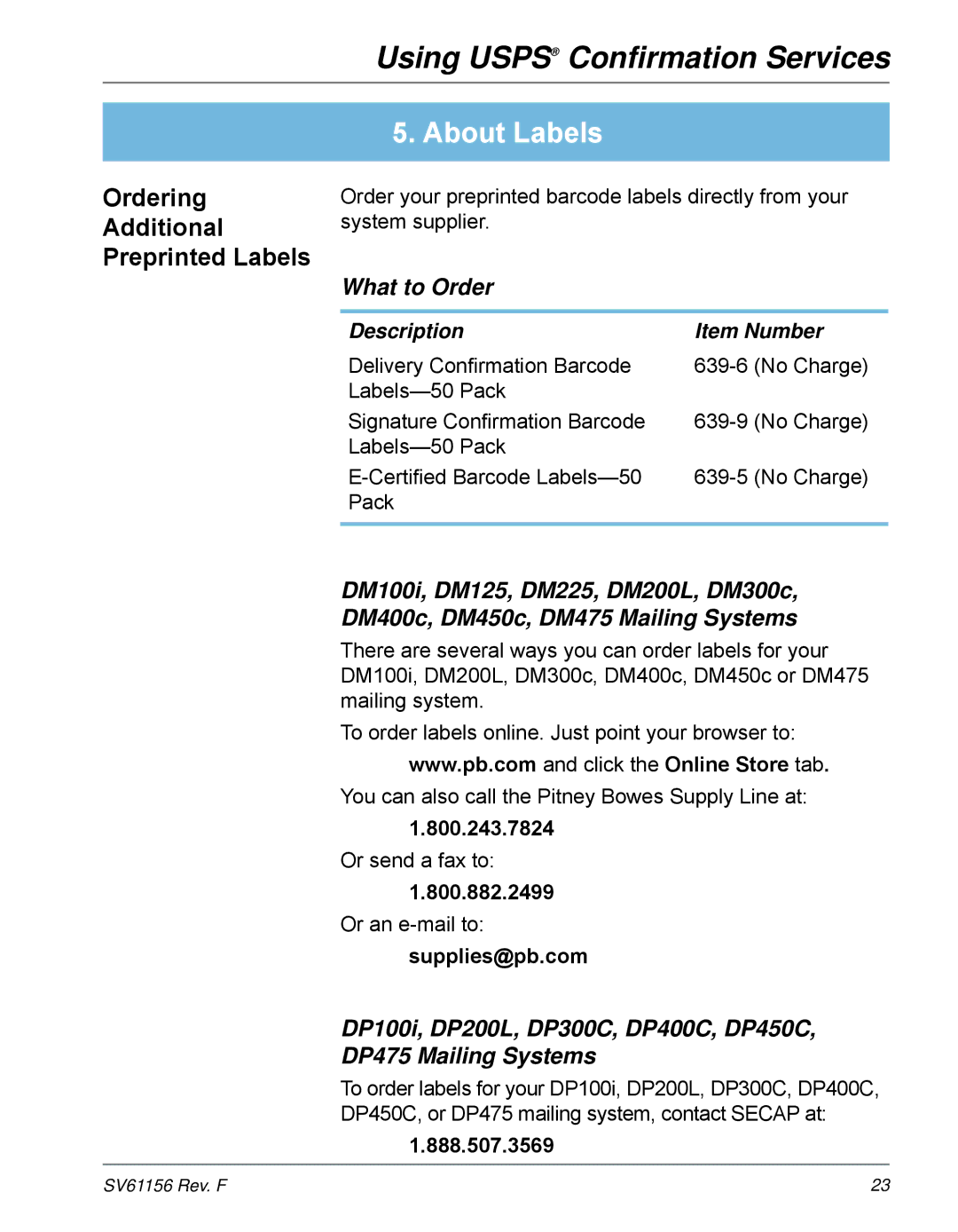 Pitney Bowes DP300C, DM225, DM300C, DM200L, DM400C, DM100i, DM125, DP450C Ordering Additional Preprinted Labels, What to Order 