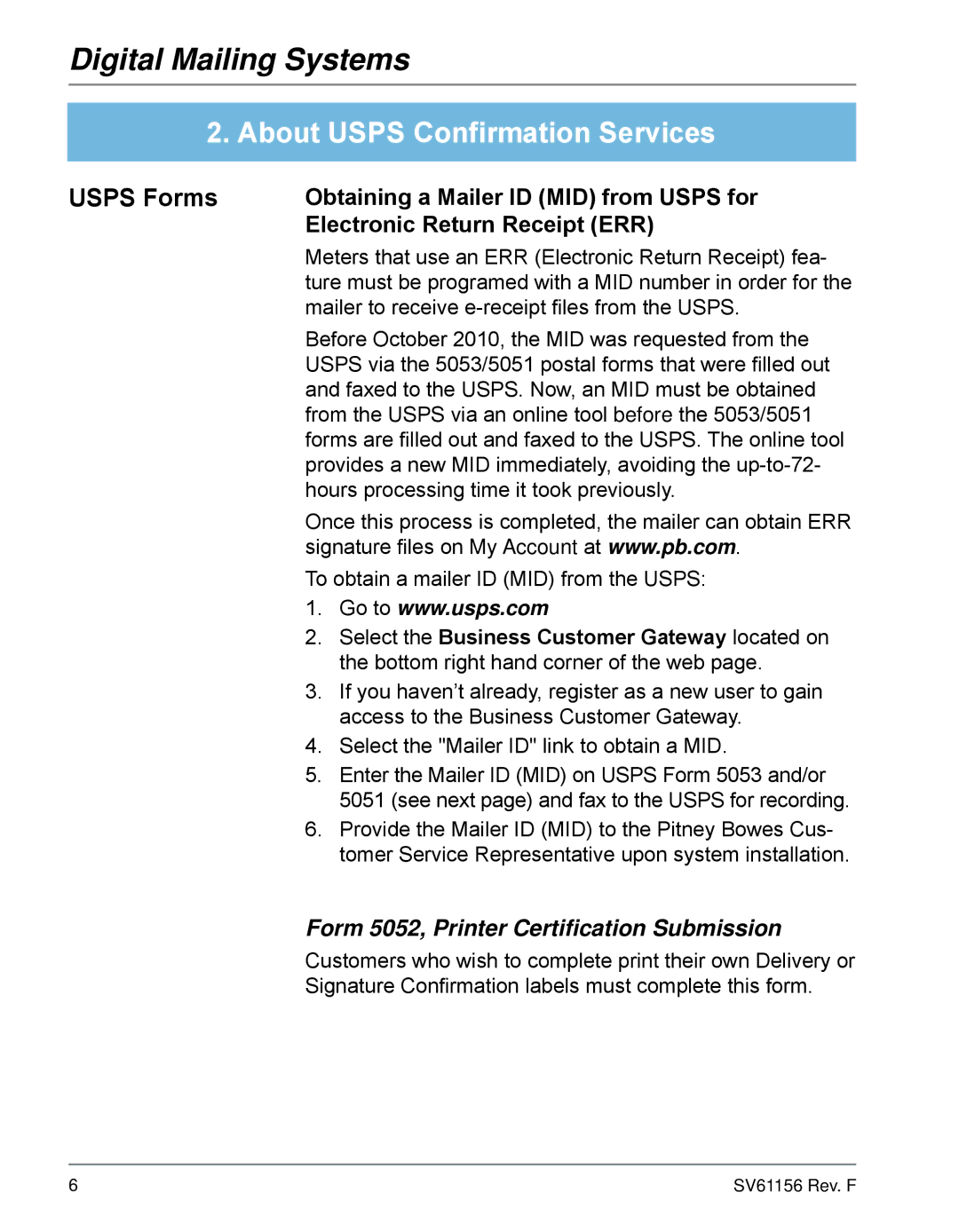 Pitney Bowes DP400C, DM225, DM300C, DM200L, DM400C, DM100i, DM125, DP450C, DM475 manual Form 5052, Printer Certification Submission 