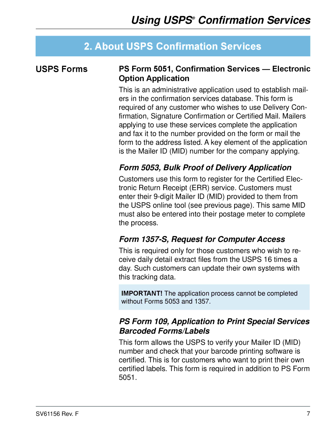 Pitney Bowes DP100i Usps Forms, Form 5053, Bulk Proof of Delivery Application, Form 1357-S, Request for Computer Access 