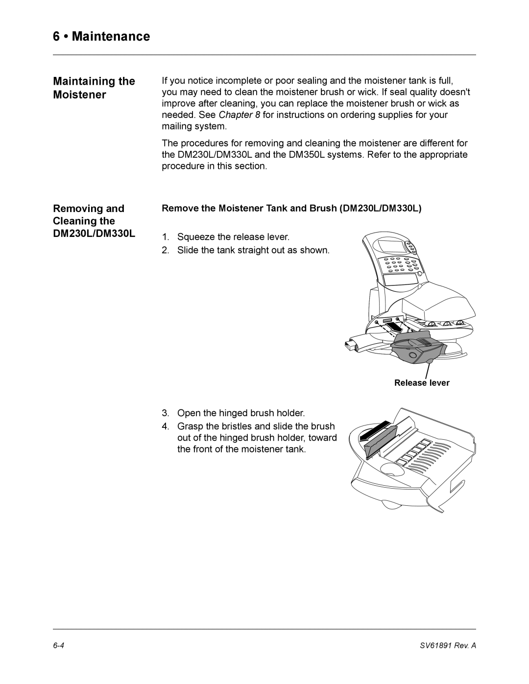 Pitney Bowes DM350L manual Maintaining the Moistener, Remove the Moistener Tank and Brush DM230L/DM330L 