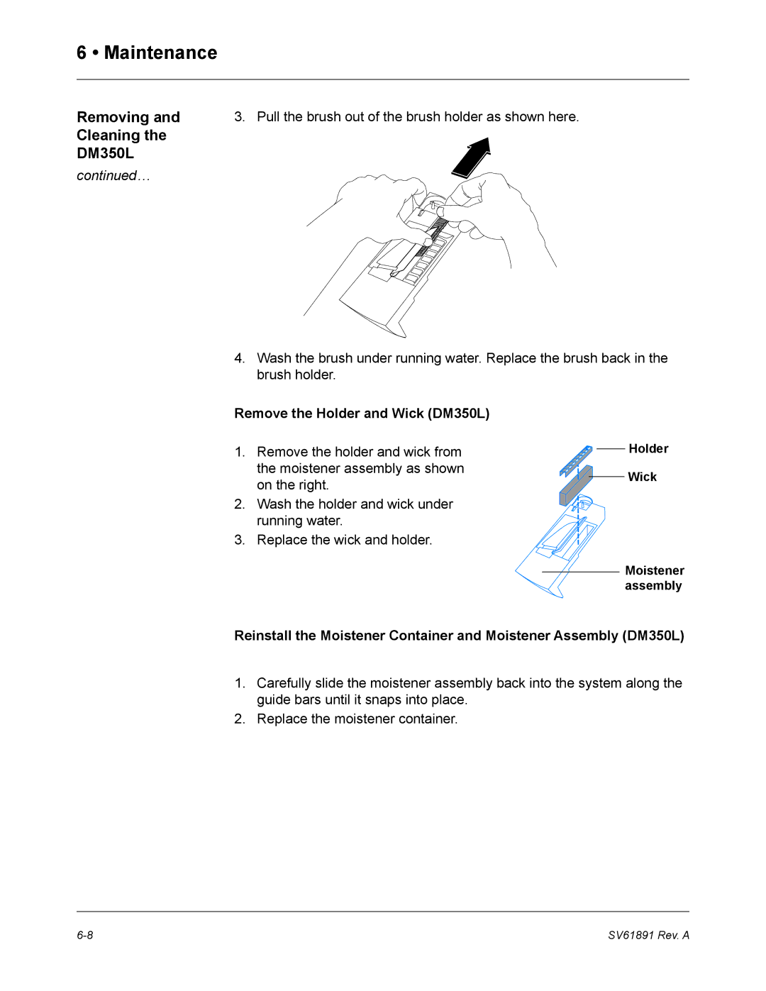 Pitney Bowes DM330L, DM230L manual Pull the brush out of the brush holder as shown here, Remove the Holder and Wick DM350L 