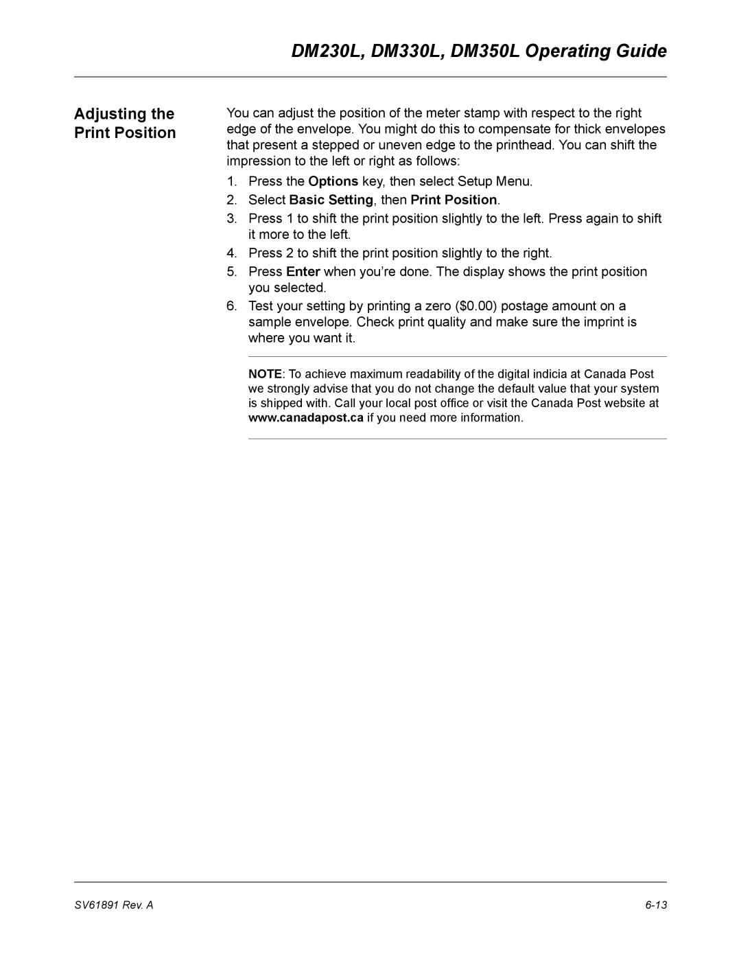 Pitney Bowes DM350L, DM330L, DM230L manual Adjusting the Print Position, Select Basic Setting, then Print Position 