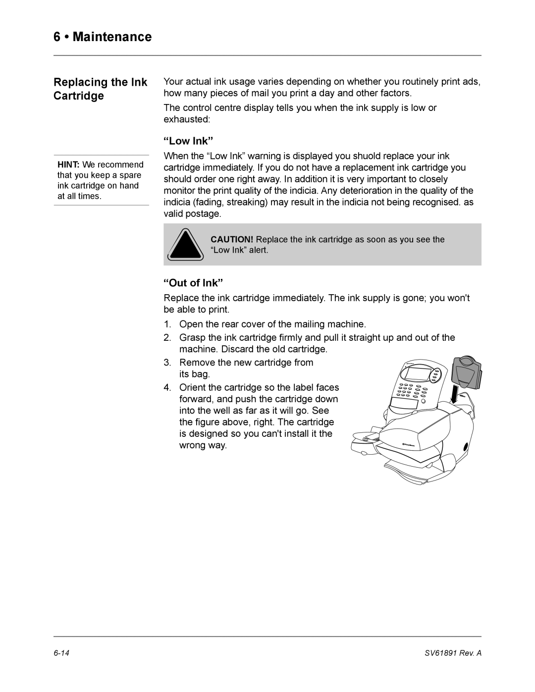 Pitney Bowes DM330L, DM230L, DM350L manual Replacing the Ink Cartridge, Low Ink 