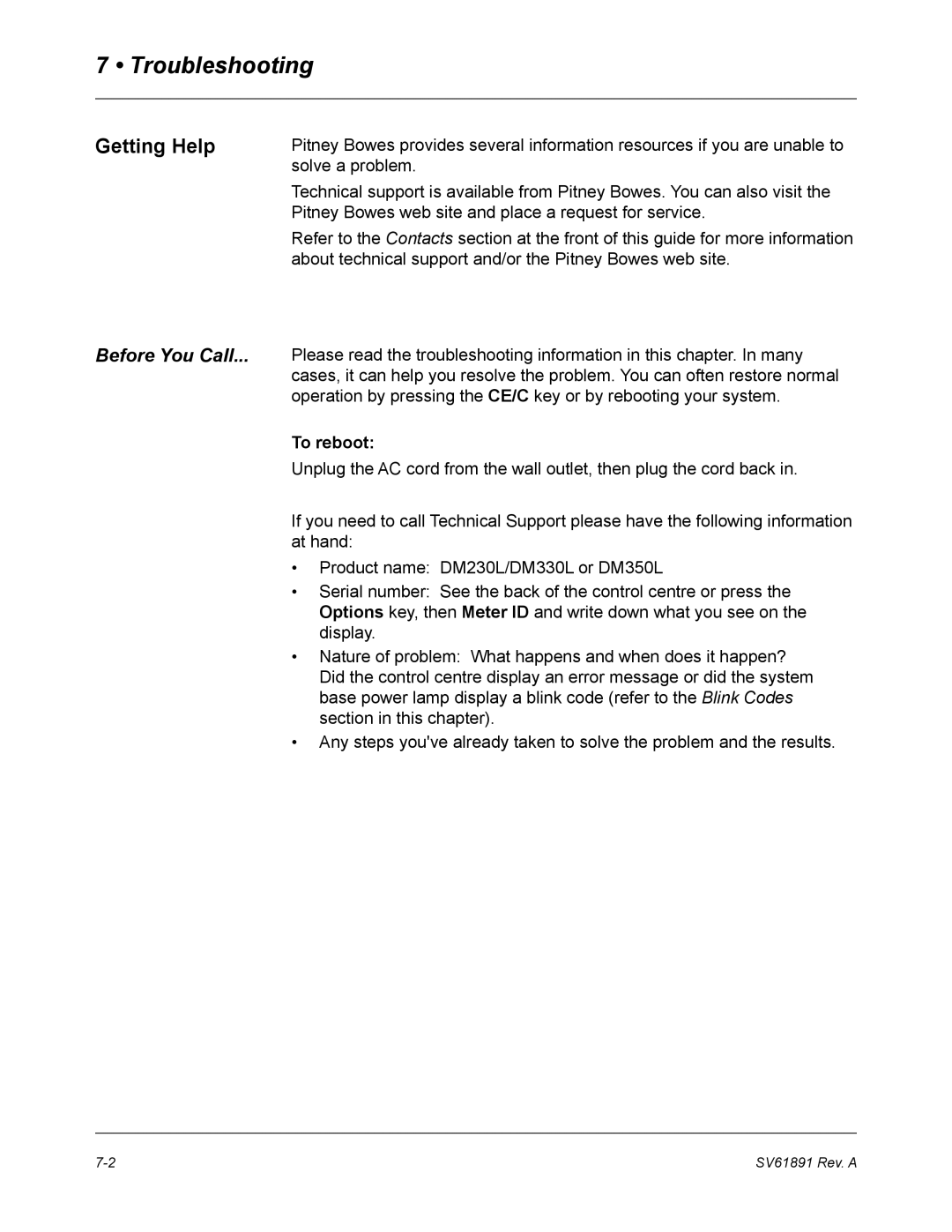 Pitney Bowes DM230L, DM330L, DM350L manual Troubleshooting, Getting Help, To reboot 