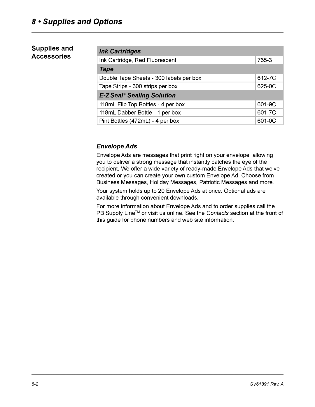 Pitney Bowes DM350L, DM330L, DM230L manual Supplies and Options, Supplies and Accessories 