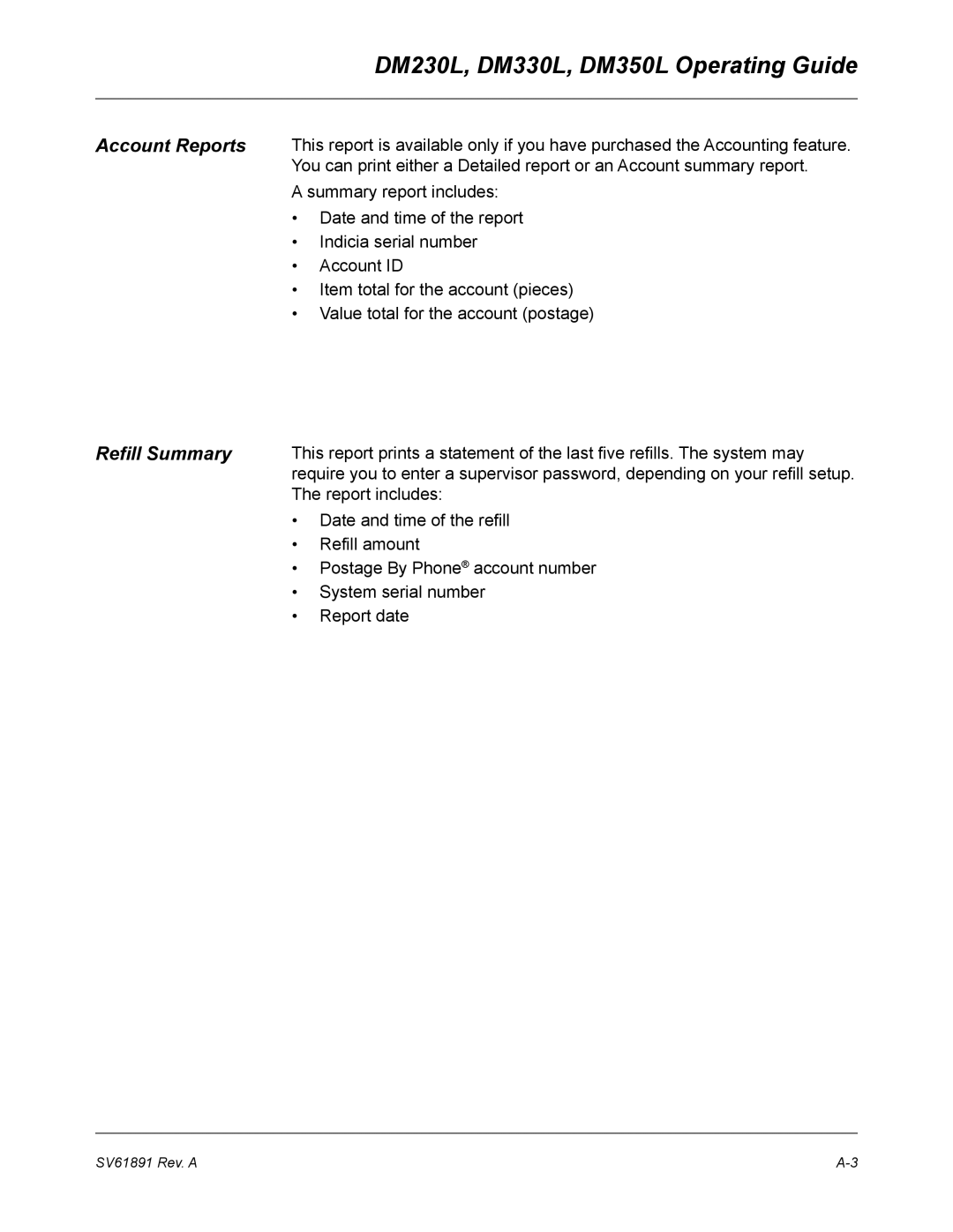 Pitney Bowes manual DM230L, DM330L, DM350L Operating Guide, Refill Summary 