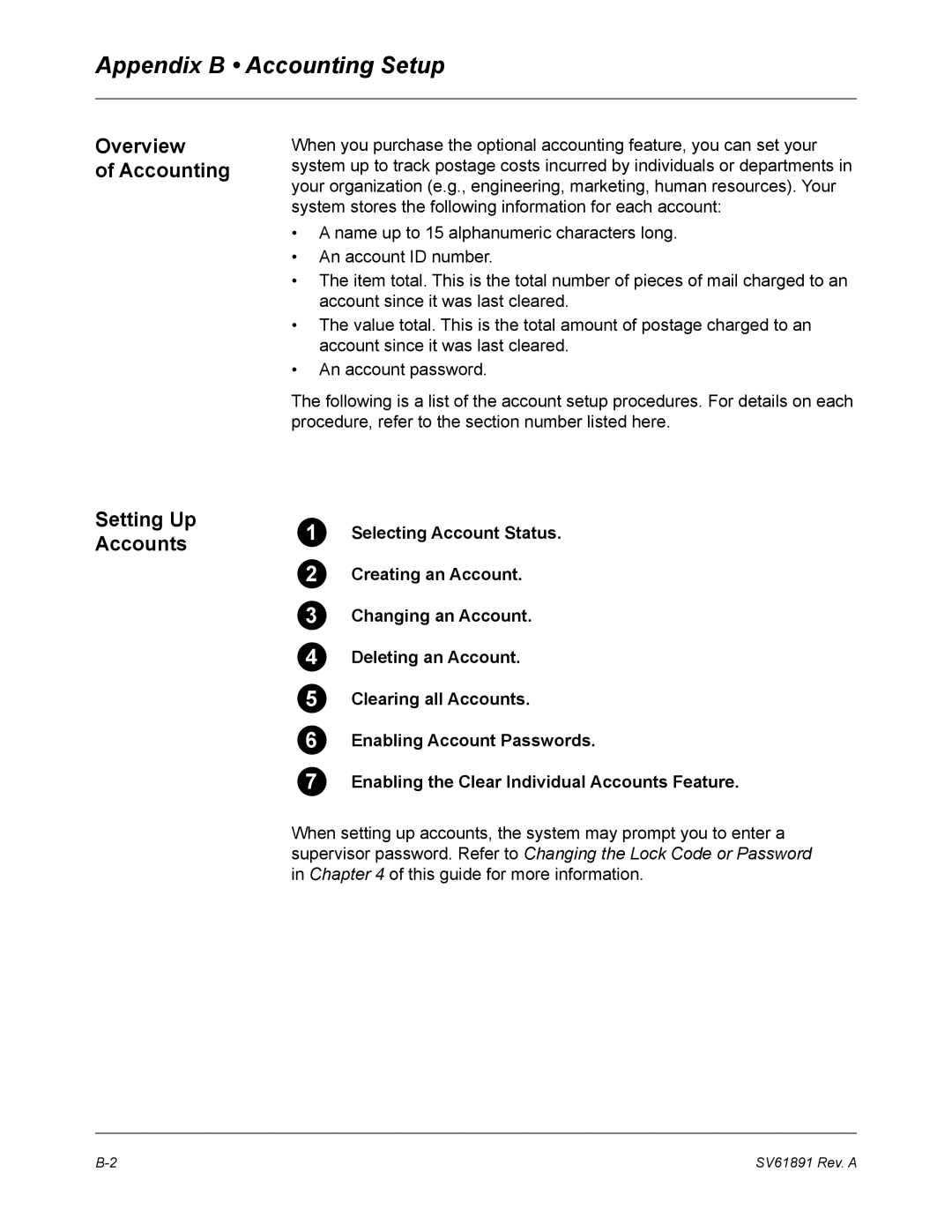 Pitney Bowes DM230L, DM330L, DM350L manual Appendix B Accounting Setup, Overview Accounting Setting Up Accounts 