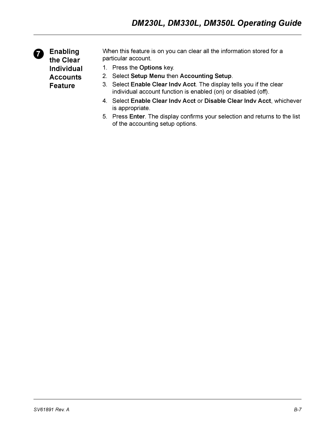 Pitney Bowes DM330L, DM230L, DM350L manual Enabling the Clear Individual Accounts Feature 