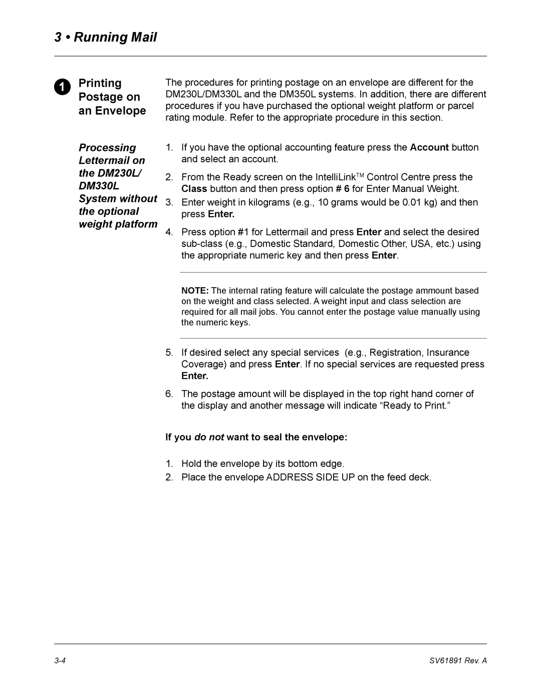 Pitney Bowes DM330L, DM230L, DM350L manual Enter, If you do not want to seal the envelope 