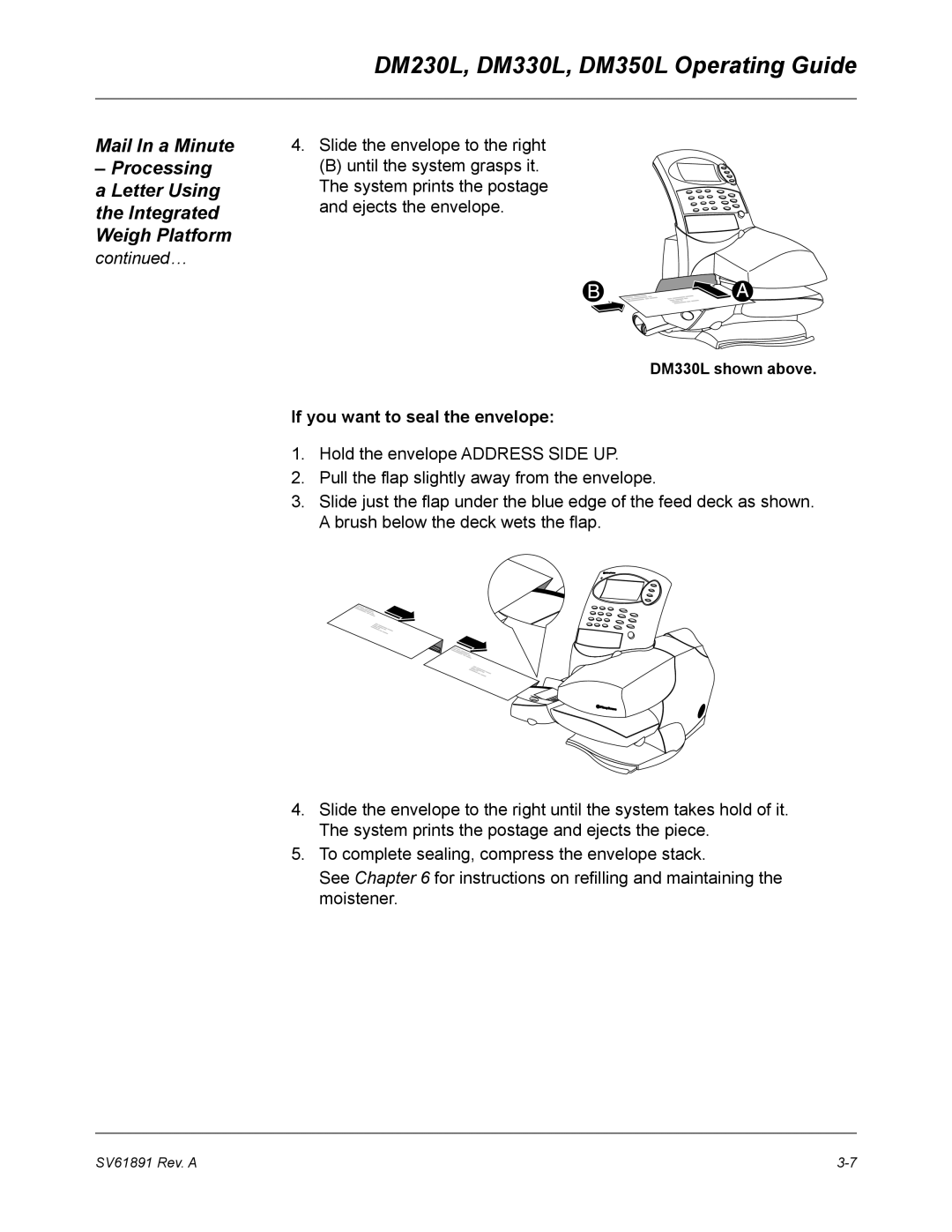 Pitney Bowes DM330L, DM230L, DM350L manual Mail In a Minute, Processing a Letter Using the Integrated Weigh Platform … 