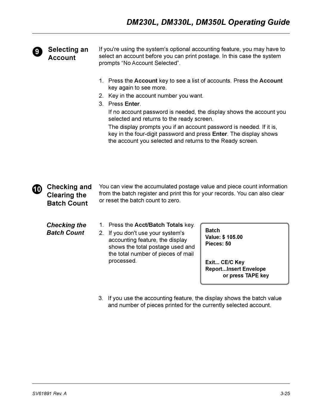 Pitney Bowes DM330L, DM230L, DM350L Selecting an Account Checking Clearing Batch Count, Press the Acct/Batch Totals key 