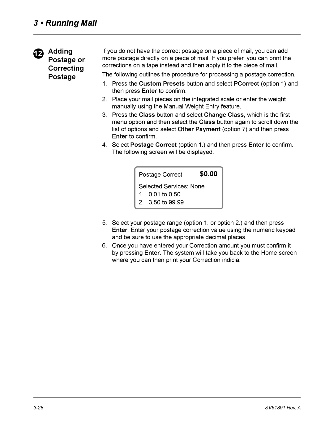 Pitney Bowes DM330L, DM230L, DM350L manual AddingPostage or Correcting Postage 