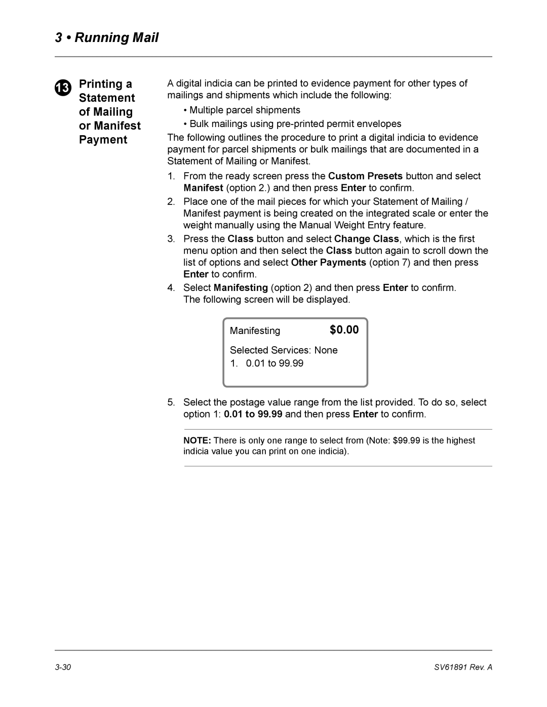 Pitney Bowes DM350L, DM330L, DM230L manual Printing a Statement of Mailing or Manifest Payment 