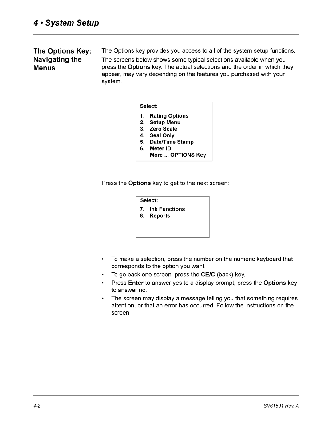 Pitney Bowes DM330L, DM230L, DM350L manual System Setup, Options Key Navigating Menus 