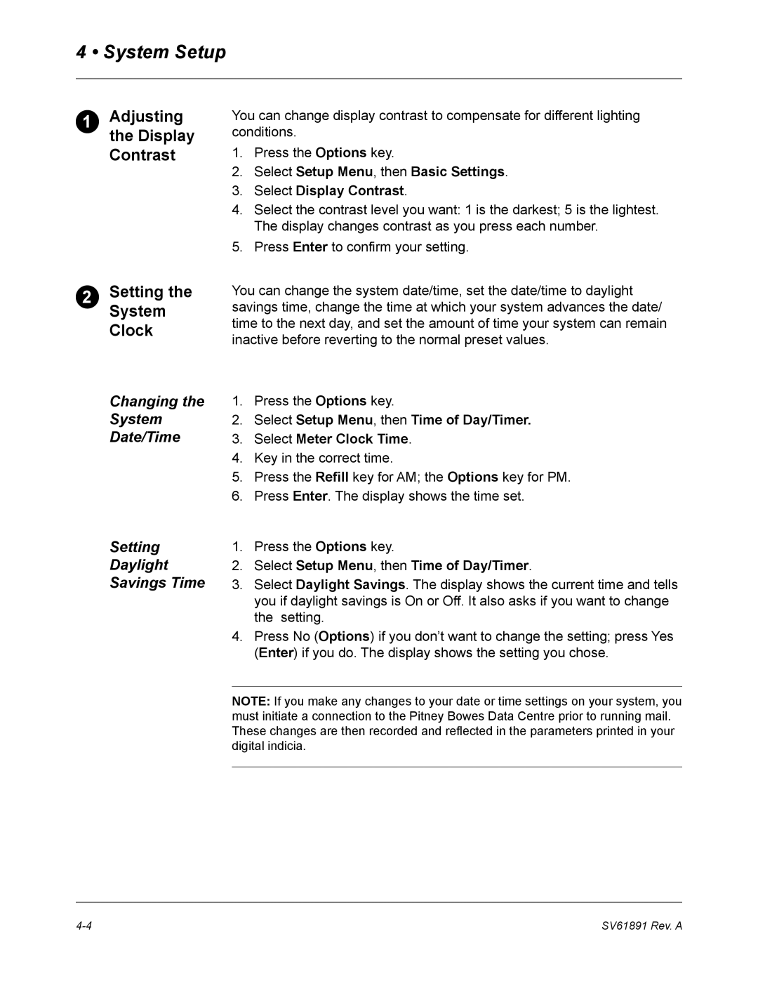 Pitney Bowes DM350L, DM330L Adjusting the Display Contrast, Changing the System Date/Time Setting Daylight Savings Time 