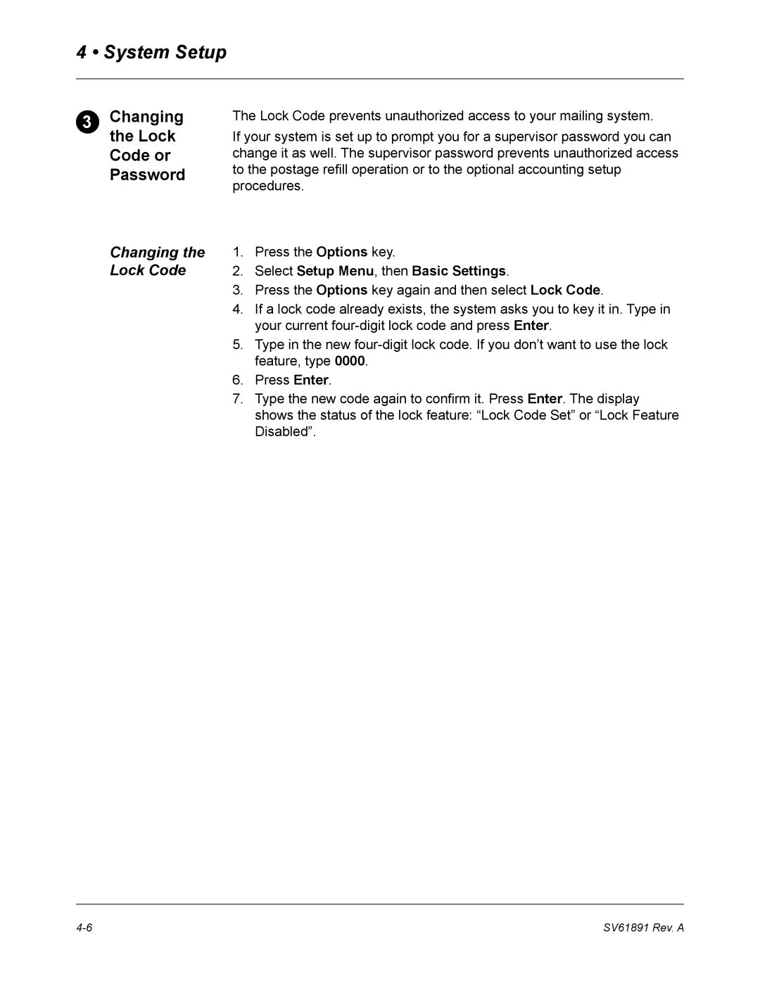 Pitney Bowes DM230L, DM330L, DM350L manual Changing the Lock Code or Password, Select Setup Menu, then Basic Settings 