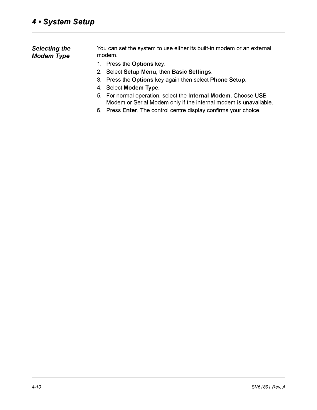 Pitney Bowes DM350L, DM330L, DM230L manual Selecting the Modem Type, Select Modem Type 