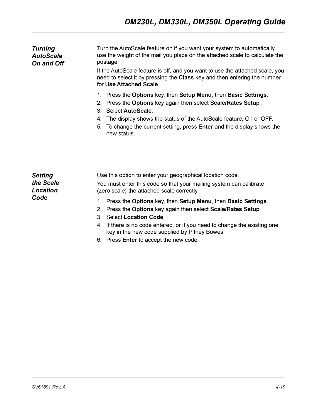 Pitney Bowes DM350L, DM330L Turning AutoScale On and Off Setting Location Code, Select AutoScale, Select Location Code 