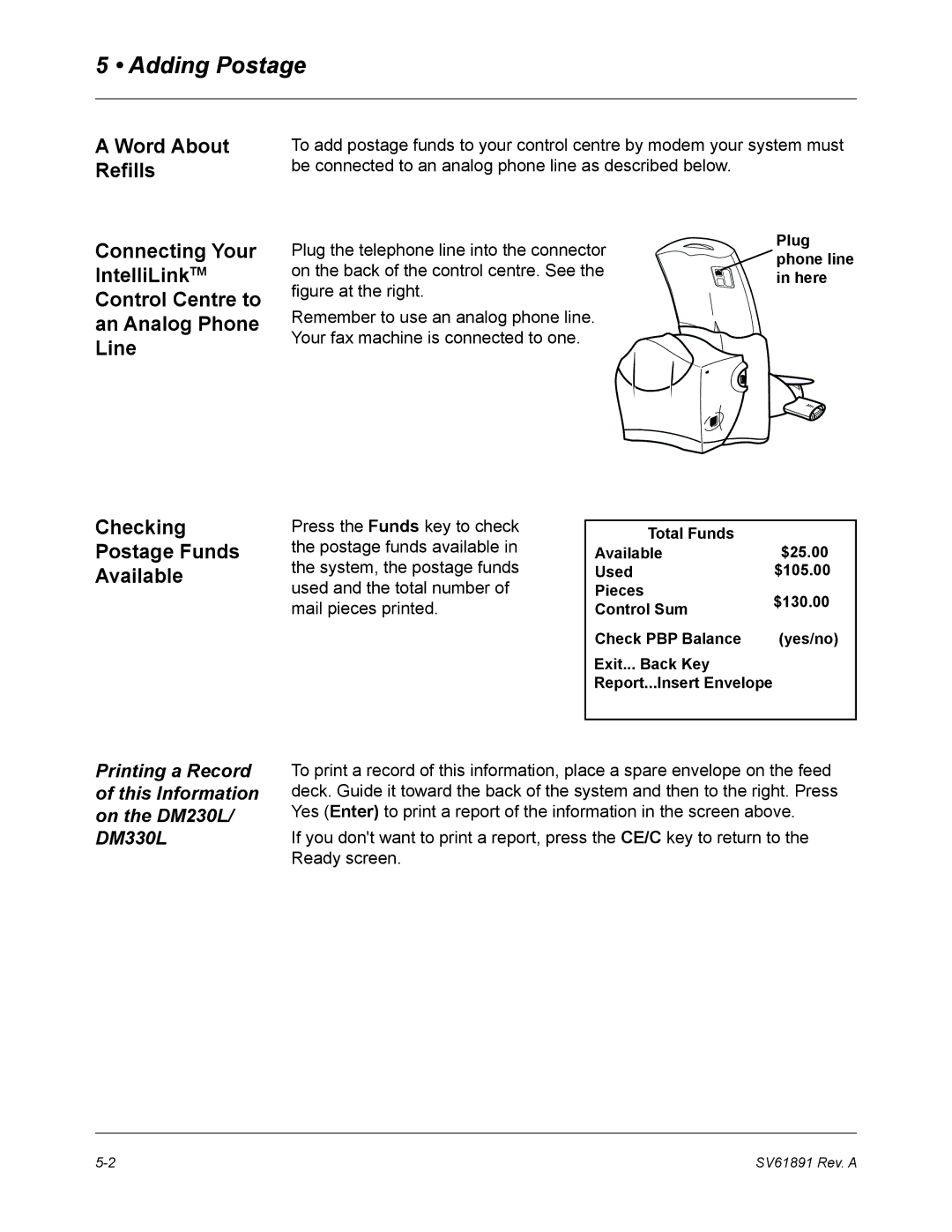 Pitney Bowes DM330L, DM230L, DM350L manual Adding Postage, Word About Refills, Checking Postage Funds Available 