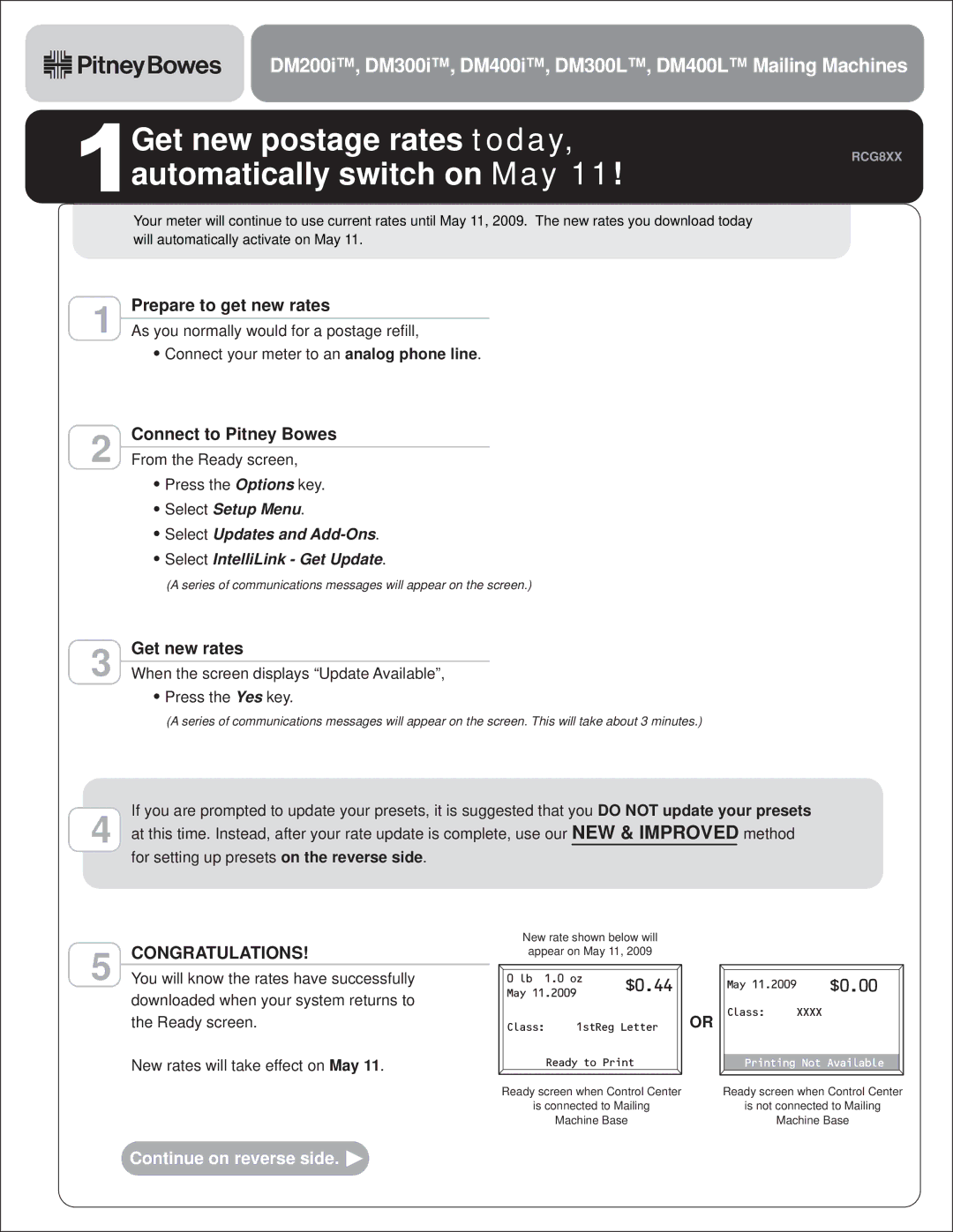 Pitney Bowes DM300LTM, DM400ITM manual Get new postage rates today, Automatically switch on May, Prepare to get new rates 