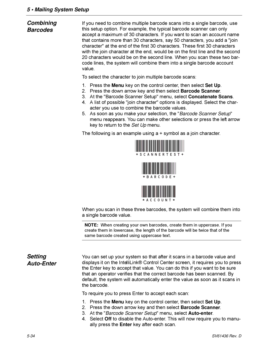 Pitney Bowes DM550, DM500 manual Combining Barcodes Setting Auto-Enter 