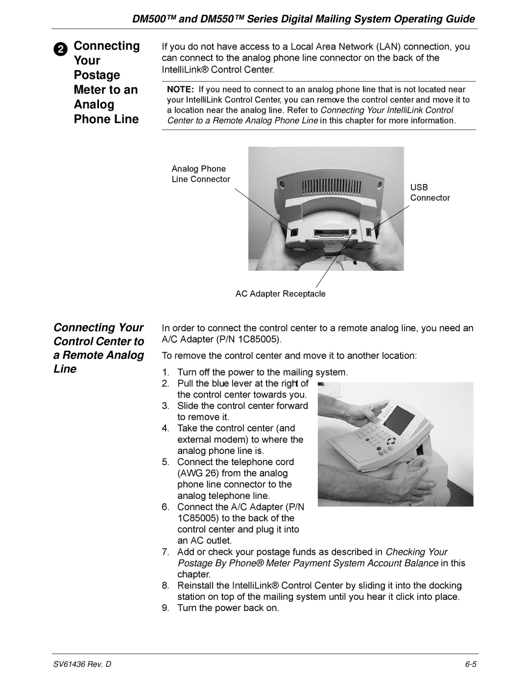 Pitney Bowes DM500, DM550 manual Connecting Your Control Center to a Remote Analog Line 