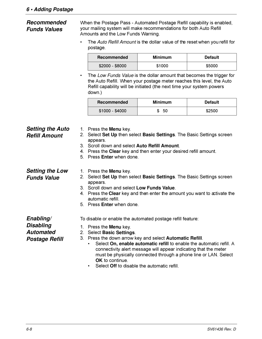 Pitney Bowes DM550, DM500 manual Recommended Minimum Default $2000 $8000 $1000 $5000 