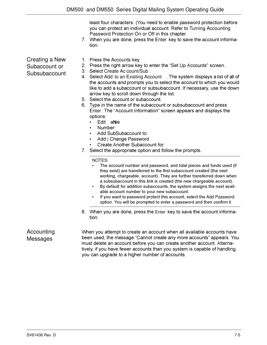 Pitney Bowes DM500, DM550 manual Select Create Account/Sub 