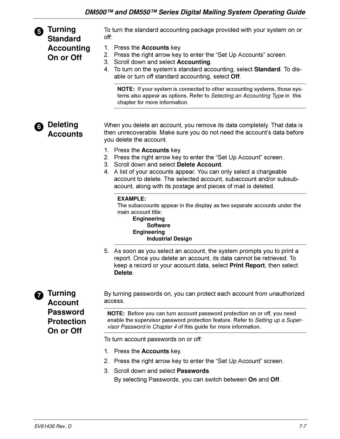 Pitney Bowes DM500, DM550 manual DeletingAccounts, Delete 