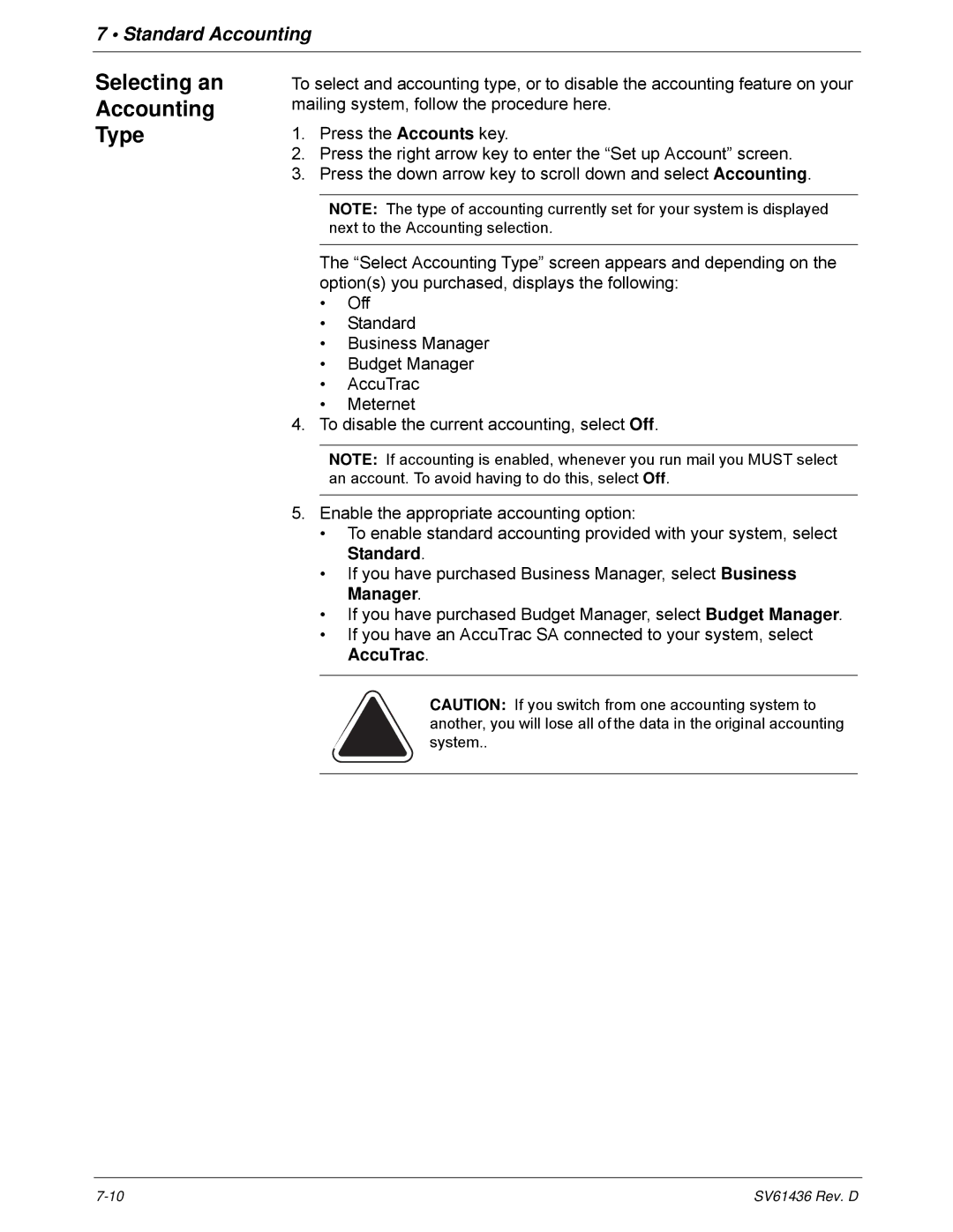 Pitney Bowes DM550, DM500 manual Selecting an Accounting Type, Standard, AccuTrac 