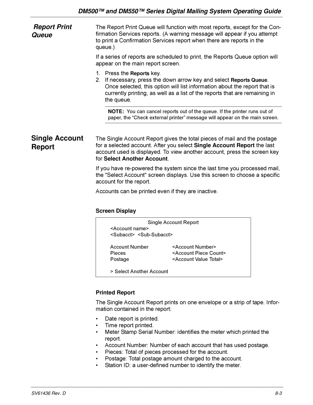 Pitney Bowes DM500, DM550 manual Single Account Report, Report Print Queue, Screen Display, Printed Report 