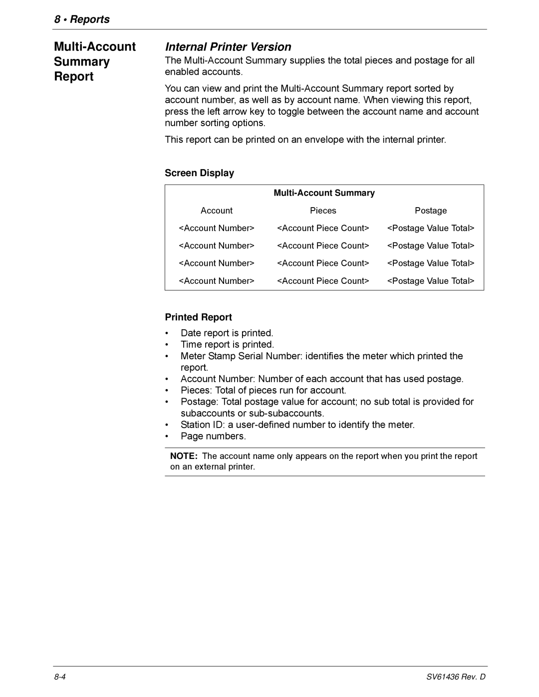 Pitney Bowes DM550, DM500 manual Multi-Account Summary Report, Internal Printer Version 