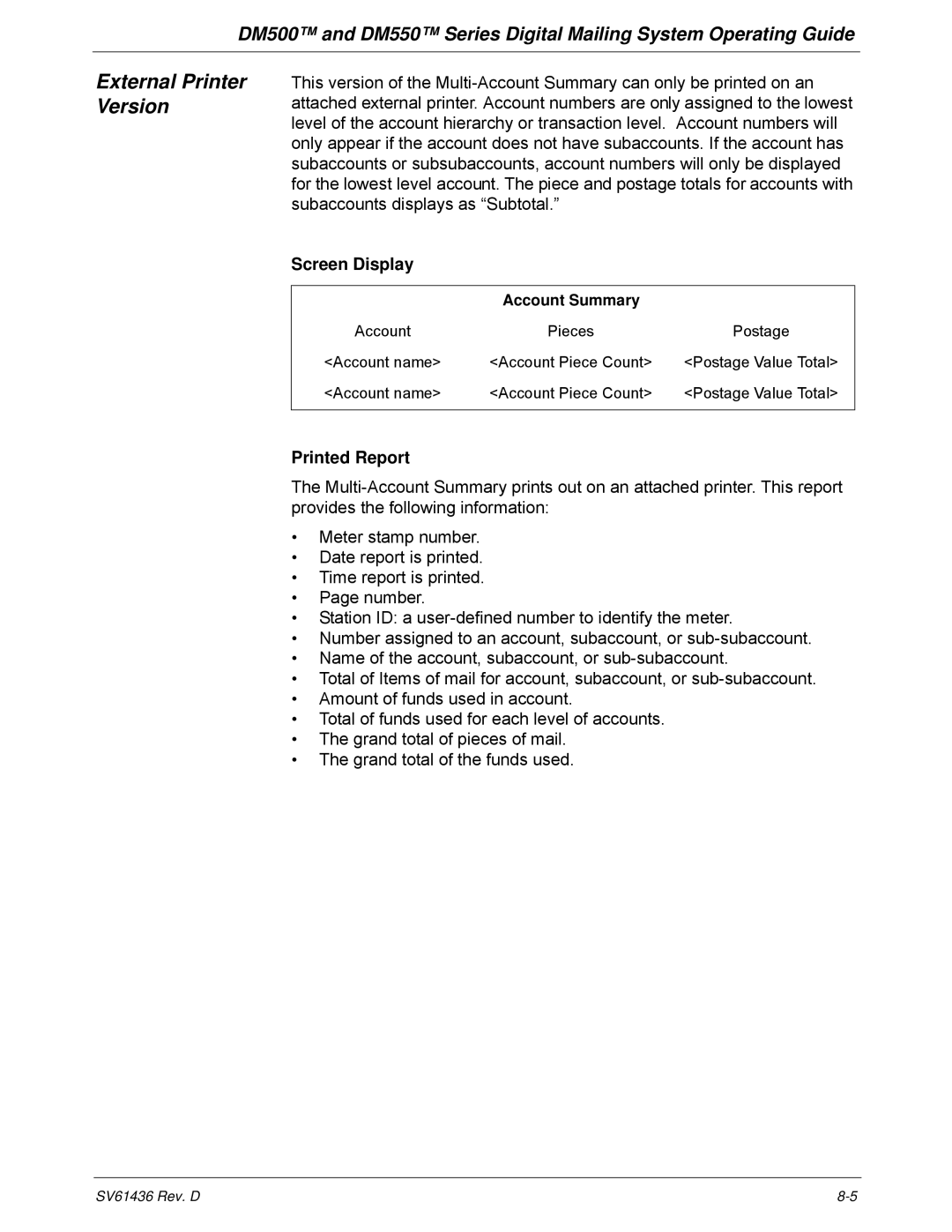 Pitney Bowes DM500, DM550 manual External Printer Version 