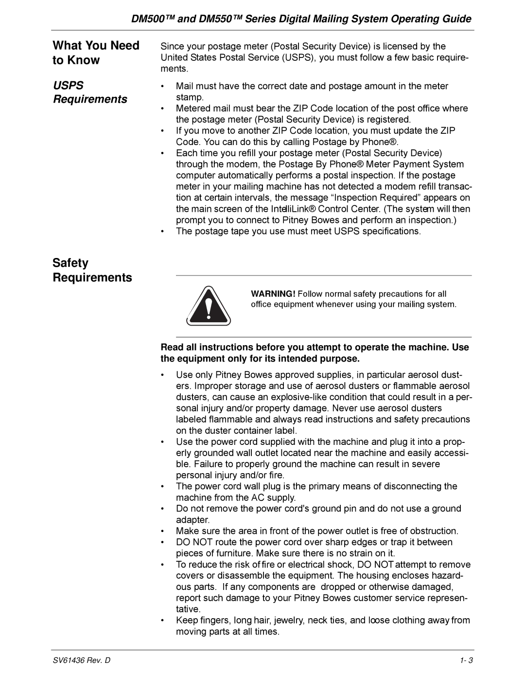 Pitney Bowes DM500, DM550 manual What You Need to Know, Safety Requirements, Usps Requirements 