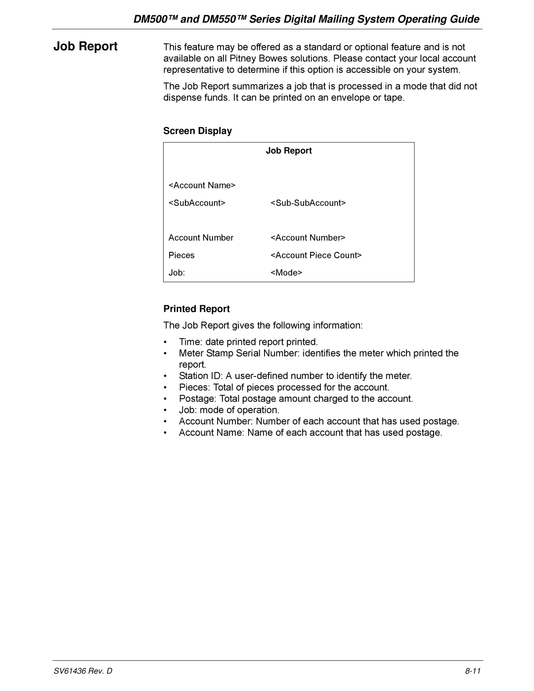 Pitney Bowes DM500, DM550 manual Job Report 